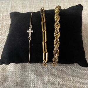 18k Gold Filled cross , paper clip , and rope bracelet.